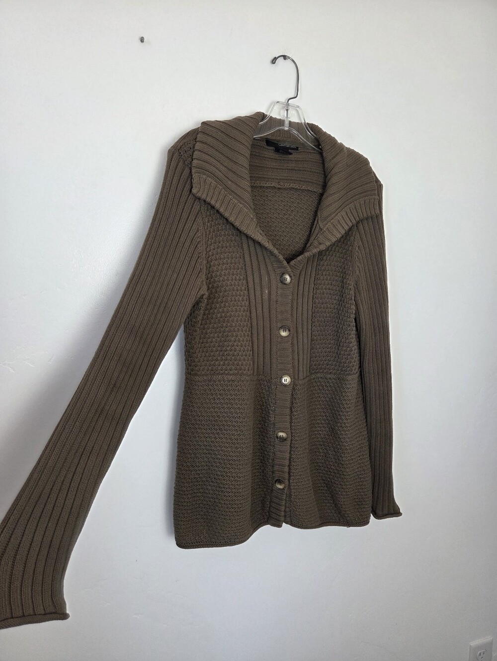 Calvin Klein Olive Green Knit Cardigan Sweater Ribbed Cozy Preppy Academia Large